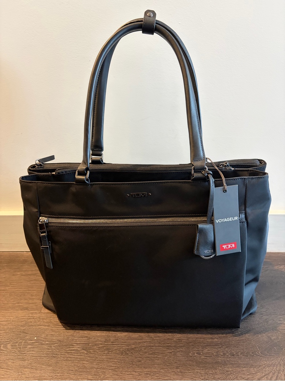 Tumi Black Voyageur Nylon Laptop Tote with Leather Handles